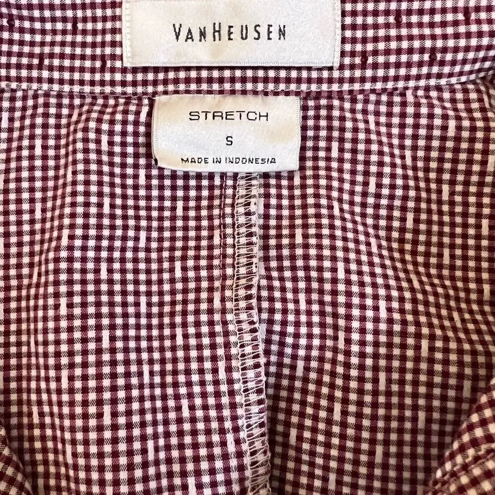 Van Heusen Stretch Berry and White Pin Check Pattern Long Sleeve Button Down S